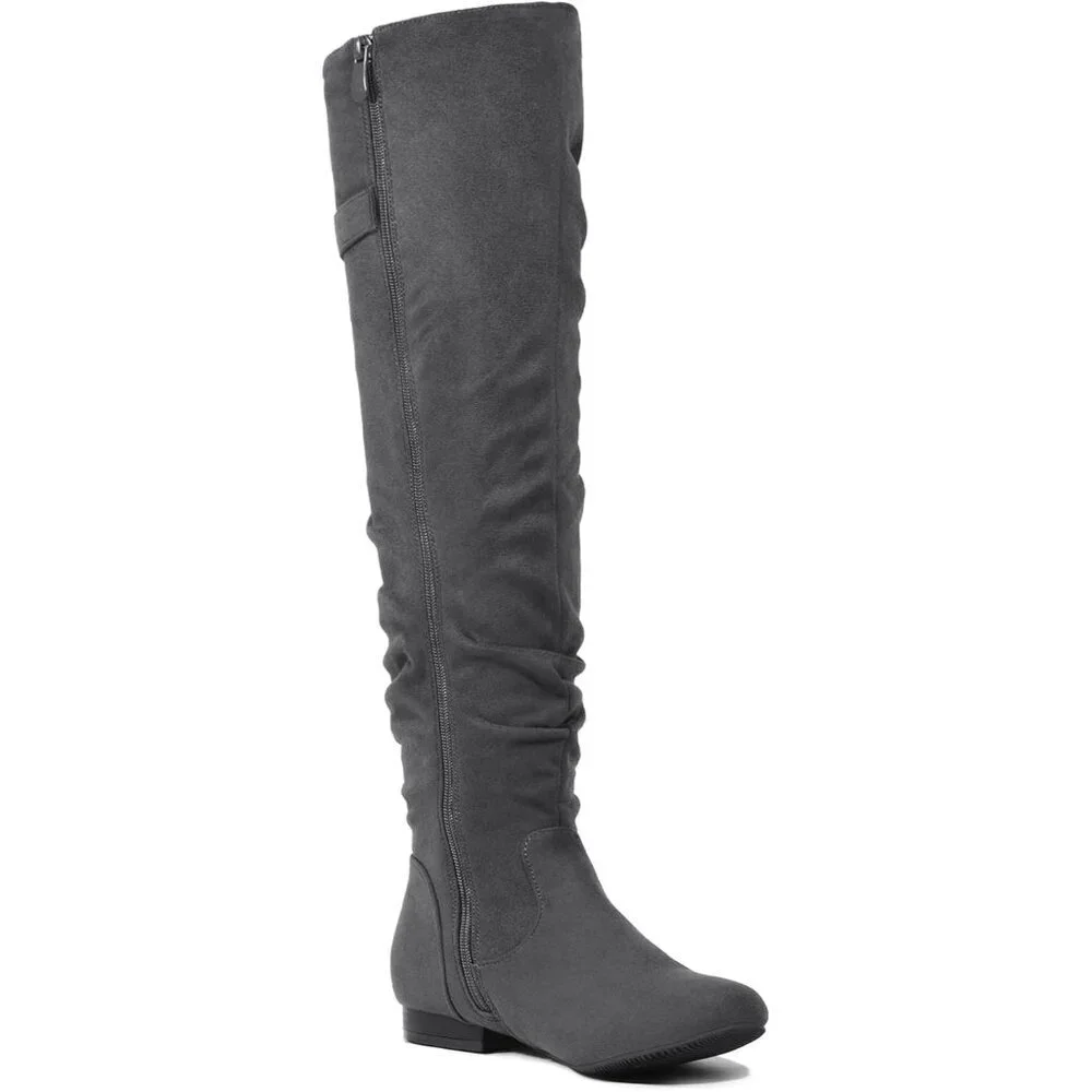 Women's Grey Suede Over The Knee Thigh High Comfortable Low Heel Winter Boots